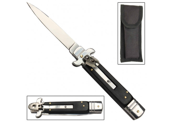 Black Satin Automatic Silver Knife Milano Stiletto